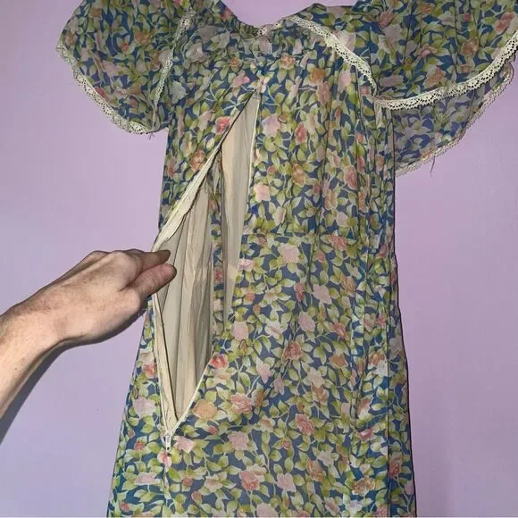 Camela of California S Maxi Dress 70s Ball Gown Blue Ditsy Floral Ruffle Boho - Picture 9 of 10